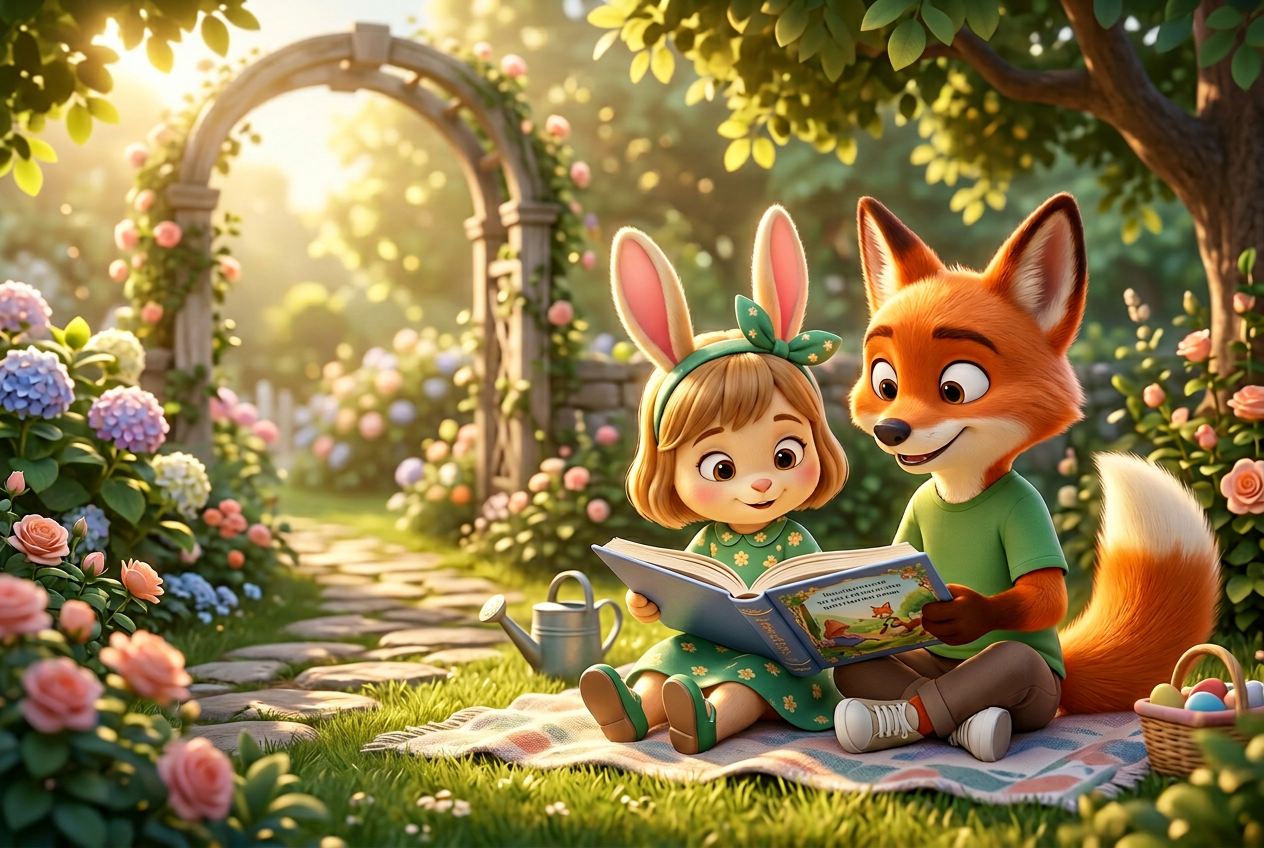 Víctor y Elia, los protagonistas de Little Big Habits, leyendo juntos en un jardín cálido